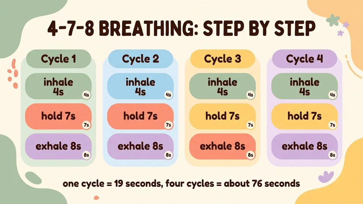 Step-by-step infographic of 4-7-8 breathing: a visual timeline of the 4 cycles with counters and breathing cues