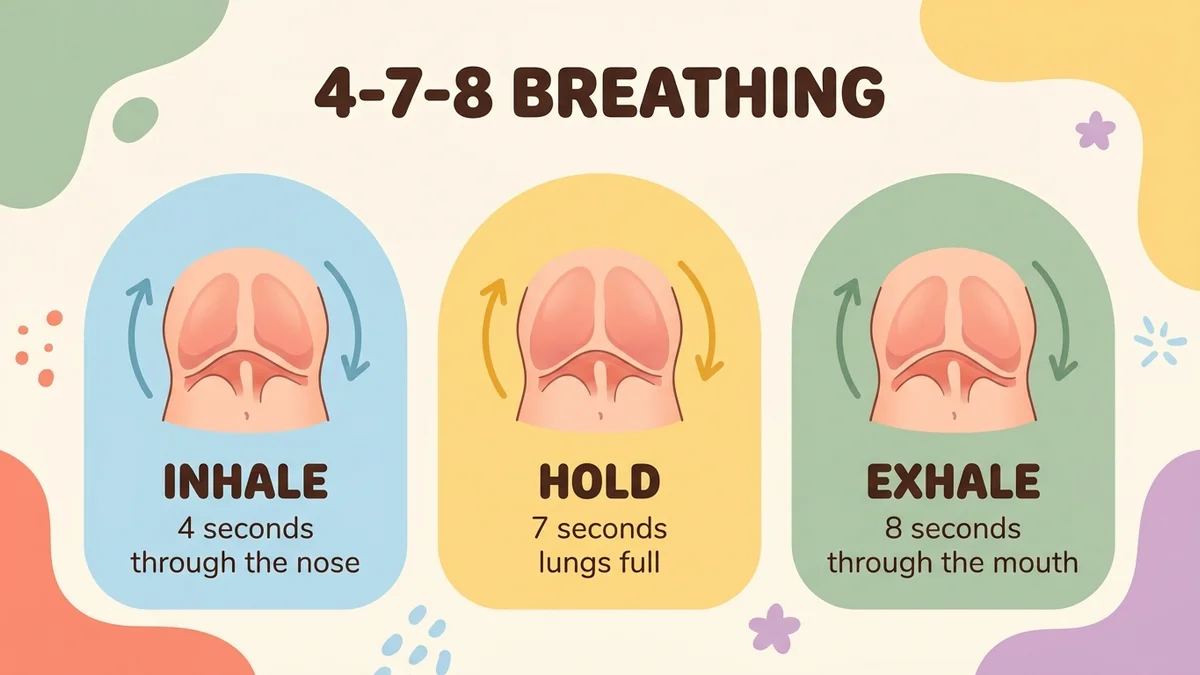 Illustration of the 4-7-8 breathing technique: a diagram showing the three phases with their durations in seconds and the movement of the diaphragm