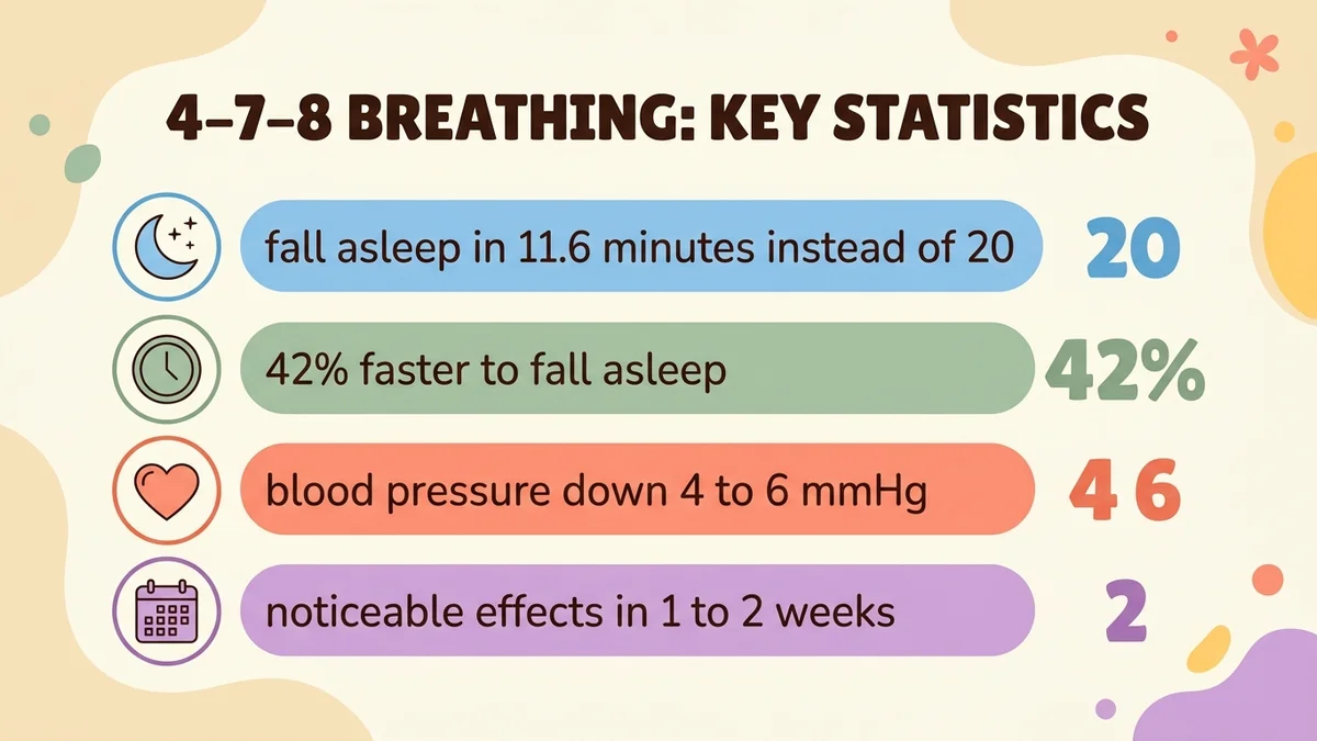 Infographic of key 4-7-8 breathing statistics: time to fall asleep, reduced anxiety, lower blood pressure, and timelines for effects