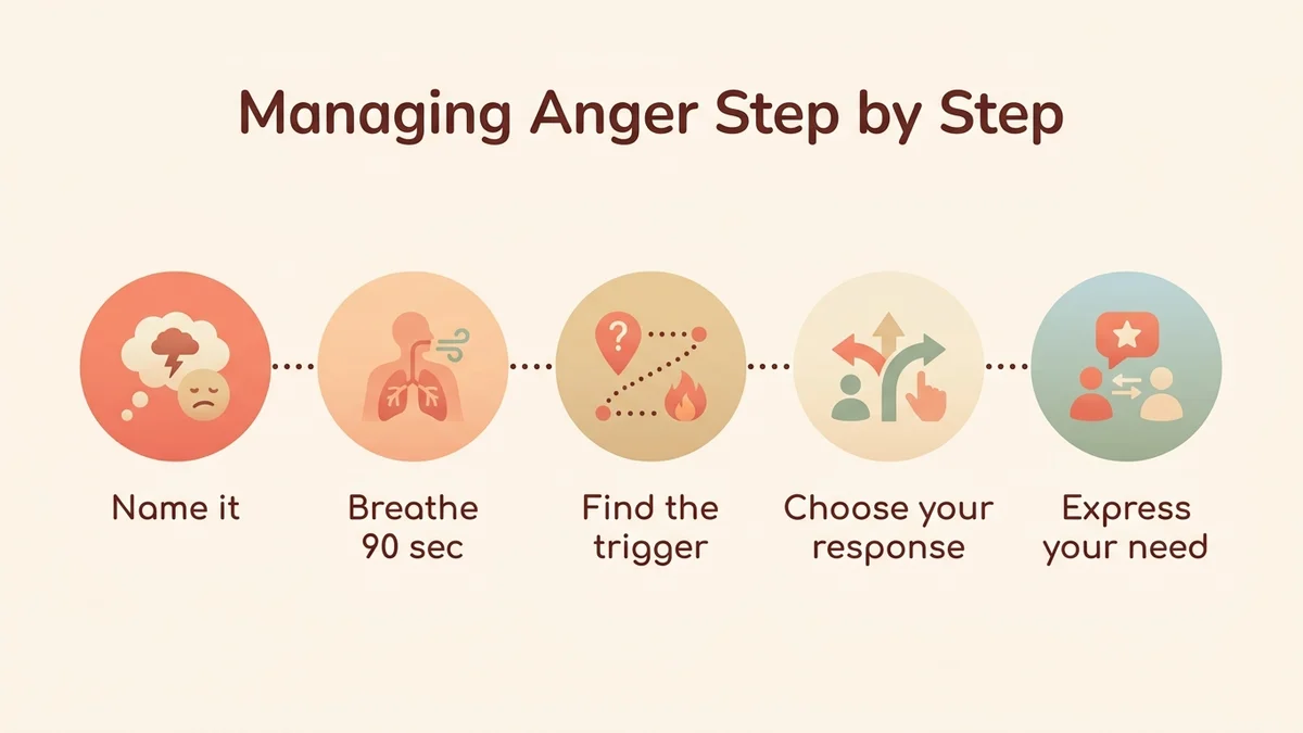Step-by-step infographic of the anger management process: name the emotion, breathe for 90 seconds, analyze the trigger, choose your response, express your need
