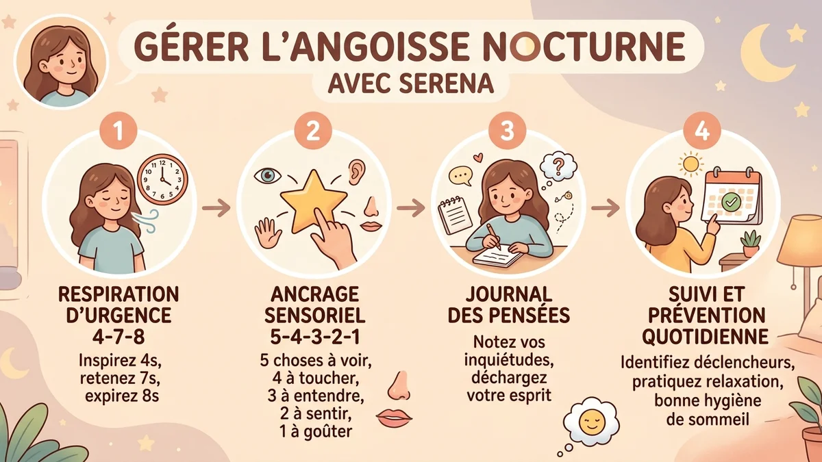 Schéma du processus en quatre étapes pour gérer l'angoisse nocturne avec Serena : étape 1 respiration d'urgence, étape 2 ancrage sensoriel, étape 3 journal de pensées, étape 4 suivi et prévention avec cercles numérotés et icones