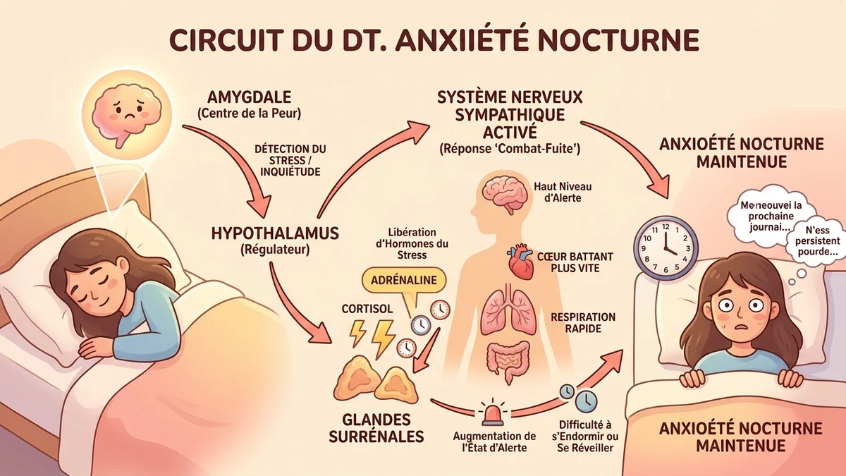 Infographie du mécanisme de l'angoisse nocturne : le circuit amygdale vers hypothalamus, la libération d'adrénaline et de cortisol, et la boucle d'activation du système nerveux sympathique pendant le sommeil