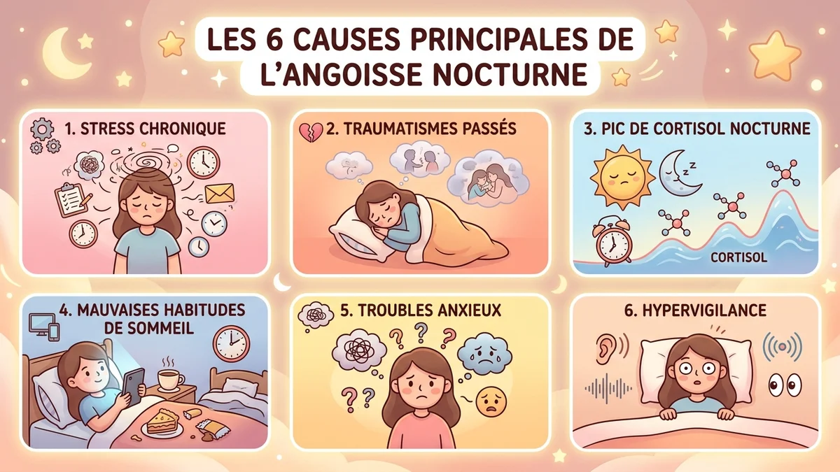 Infographie des causes principales de l'angoisse nocturne : six blocs visuels montrant le stress chronique, les traumatismes, le déséquilibre hormonal du cortisol, les habitudes de vie, les troubles anxieux sous-jacents et l'hypervigilance