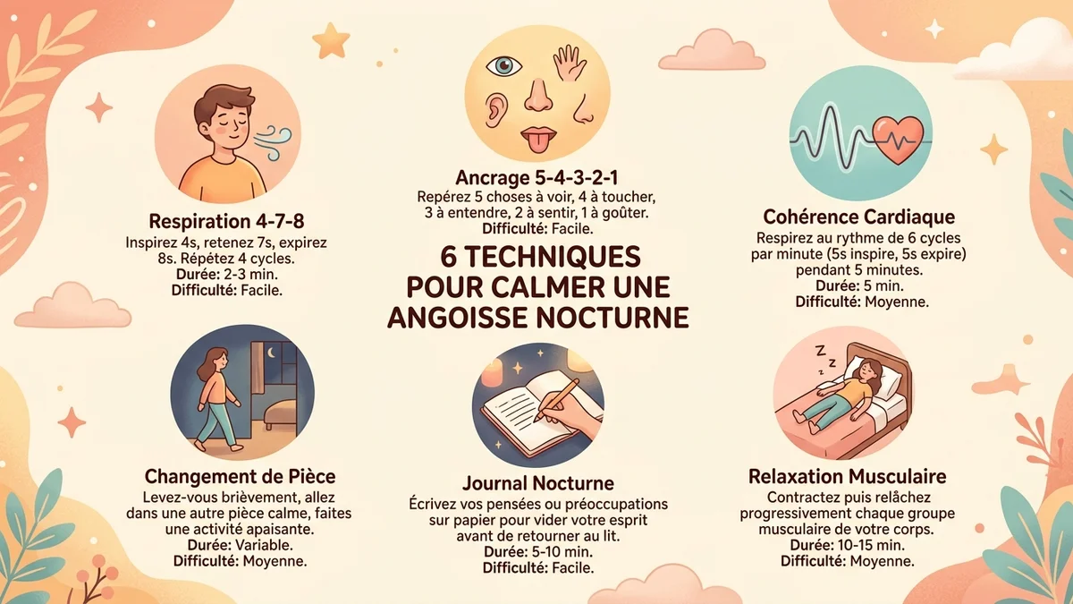 Infographie des six techniques pour calmer une angoisse nocturne avec le temps d'action de chaque méthode, des icônes visuelles et un classement par rapidité d'effet