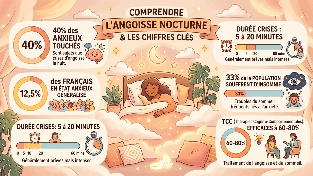 Infographie montrant les statistiques clés sur l'angoisse nocturne : 40% des anxieux touchés, 12,5% des Français en état anxieux, 33% souffrent d'insomnie, durée moyenne d'une crise 5 a 20 minutes, efficacité TCC 60 a 80%