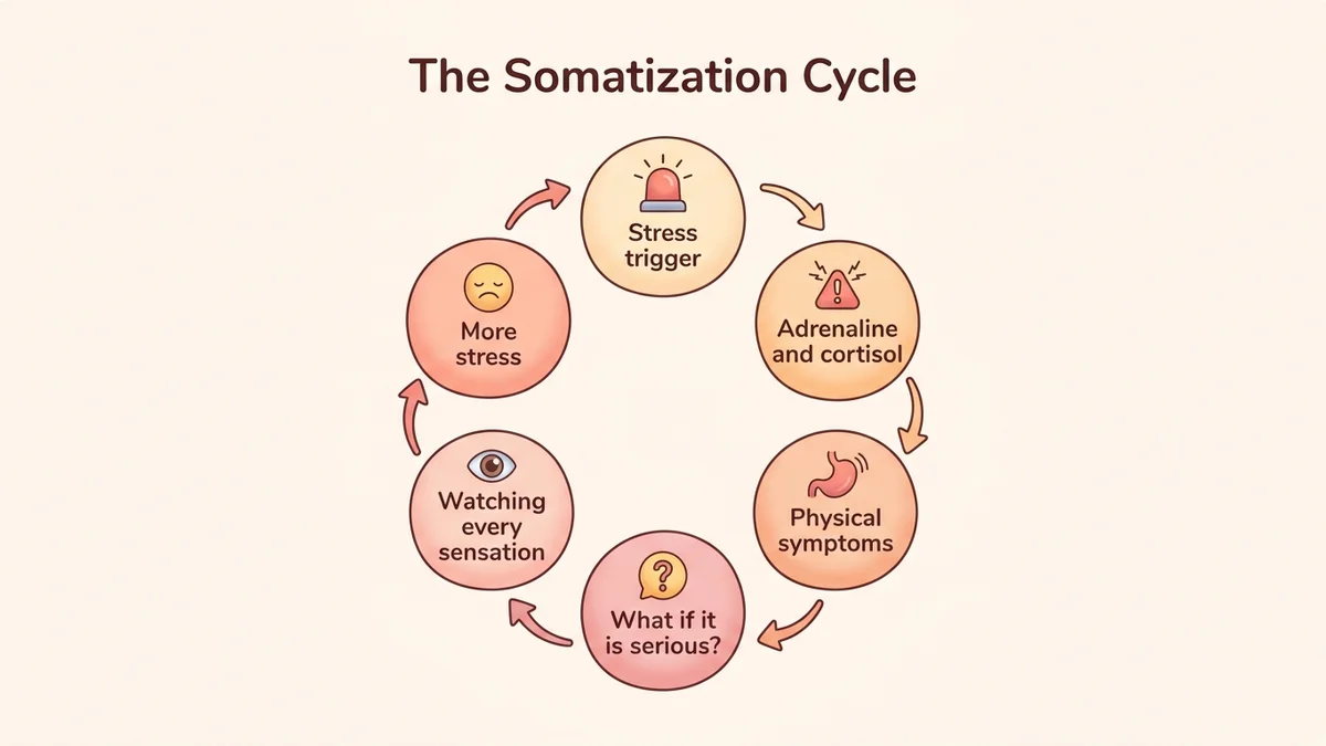 Infographic of the vicious circle of somatization: six steps linked in a loop showing the anxiety-body-hypervigilance mechanism