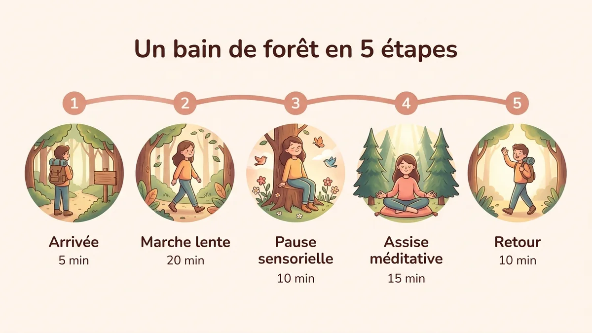Infographie montrant les étapes du bain de forêt sous forme de parcours visuel : arrivée, marche lente, pause sensorielle, assise méditative et retour, avec durée et activité pour chaque étape
