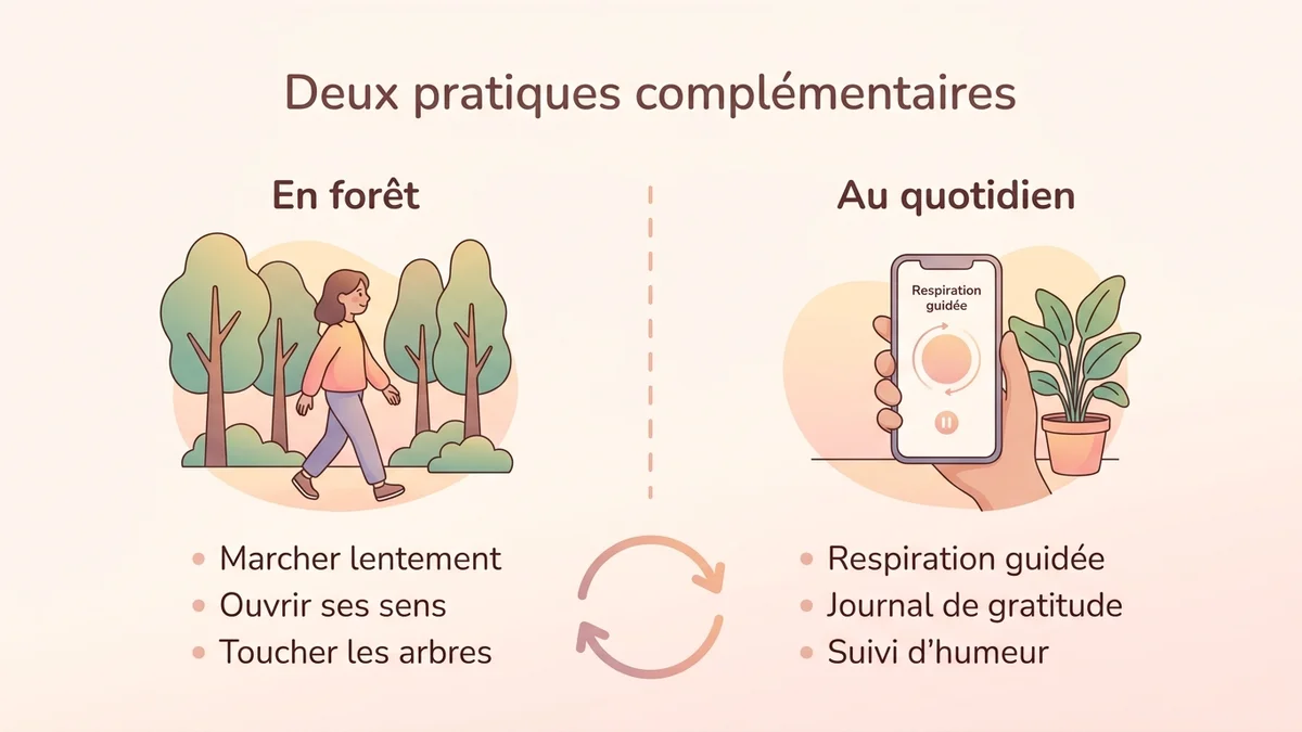 Schéma montrant le parcours complémentaire entre bain de forêt en extérieur et pratique quotidienne avec Serena : respiration guidée, journal de gratitude et suivi d'humeur