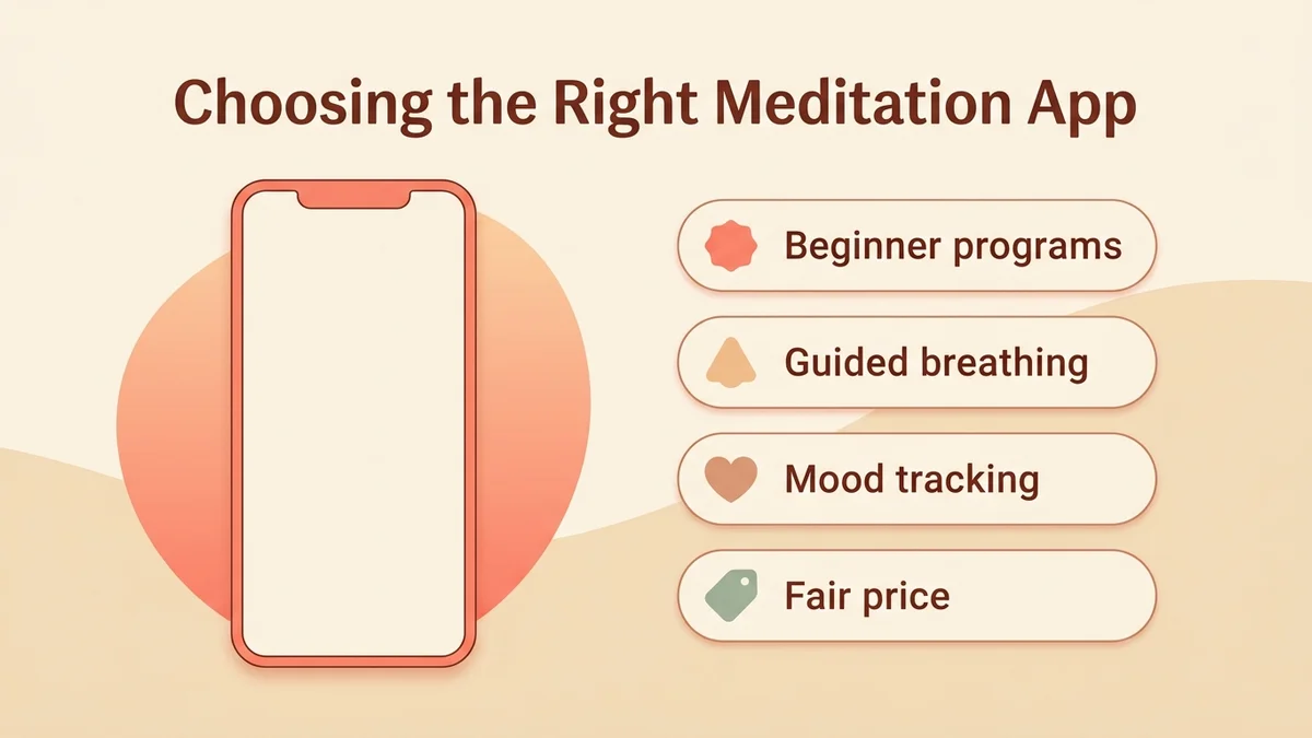 Infographic showing the growth of meditation apps and the key criteria for choosing the right one
