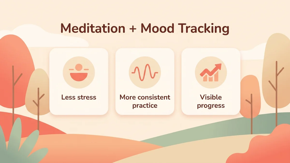 Infographic showing the proven benefits of combining mood tracking with meditation: less stress, more consistent practice and measurably better wellbeing