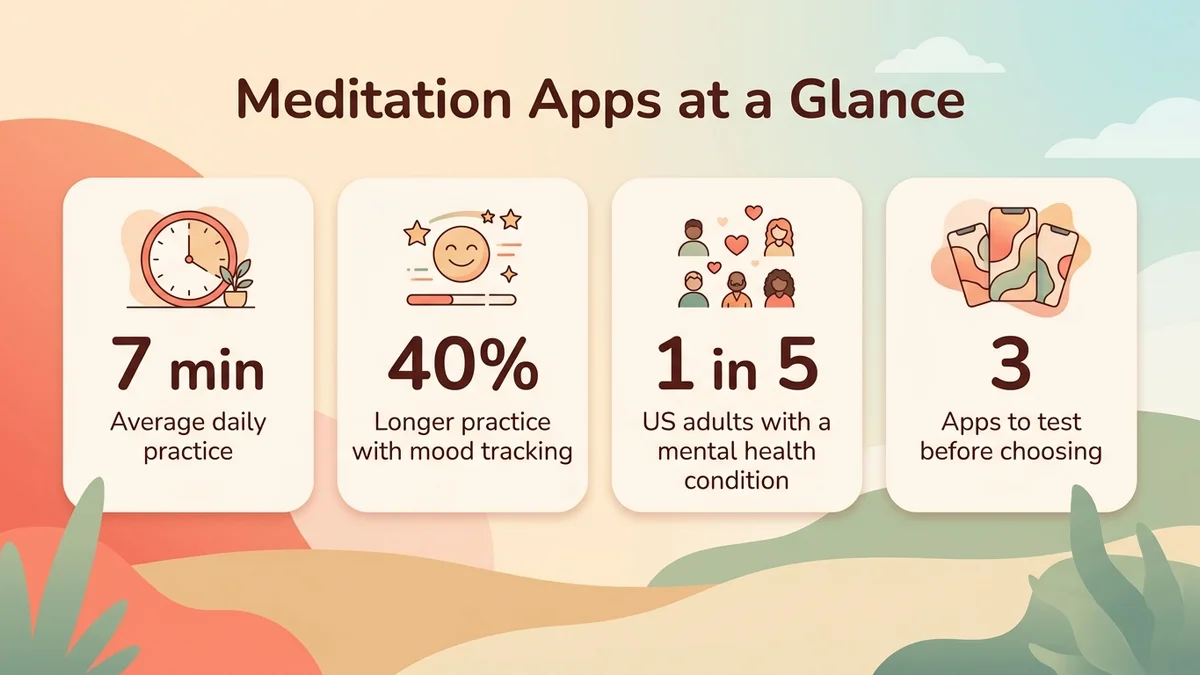 Infographic presenting key meditation app facts: apps studied in clinical trials, a few minutes a day is enough, mood tracking boosts consistency
