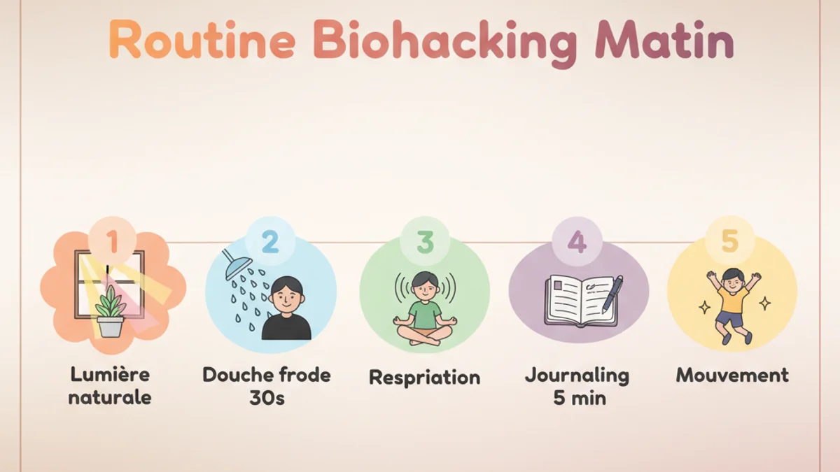 Infographie du processus en 5 étapes pour démarrer le biohacking mental : baseline, choix technique, intégration routine, mesure, ajustement