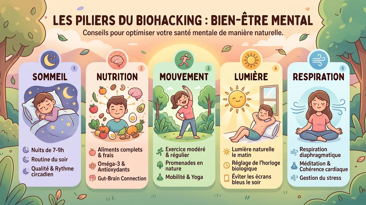 Infographie du biohacking mental : schéma montrant les piliers fondamentaux (respiration, froid, nutrition, sommeil, tracking) avec icônes et statistiques clés du marché