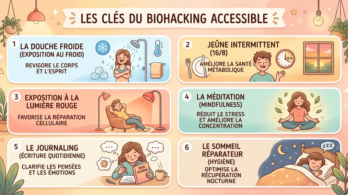 Infographie comparative des 7 techniques de biohacking mental avec niveaux de difficulté, coûts et délais de résultats en couleurs pastels