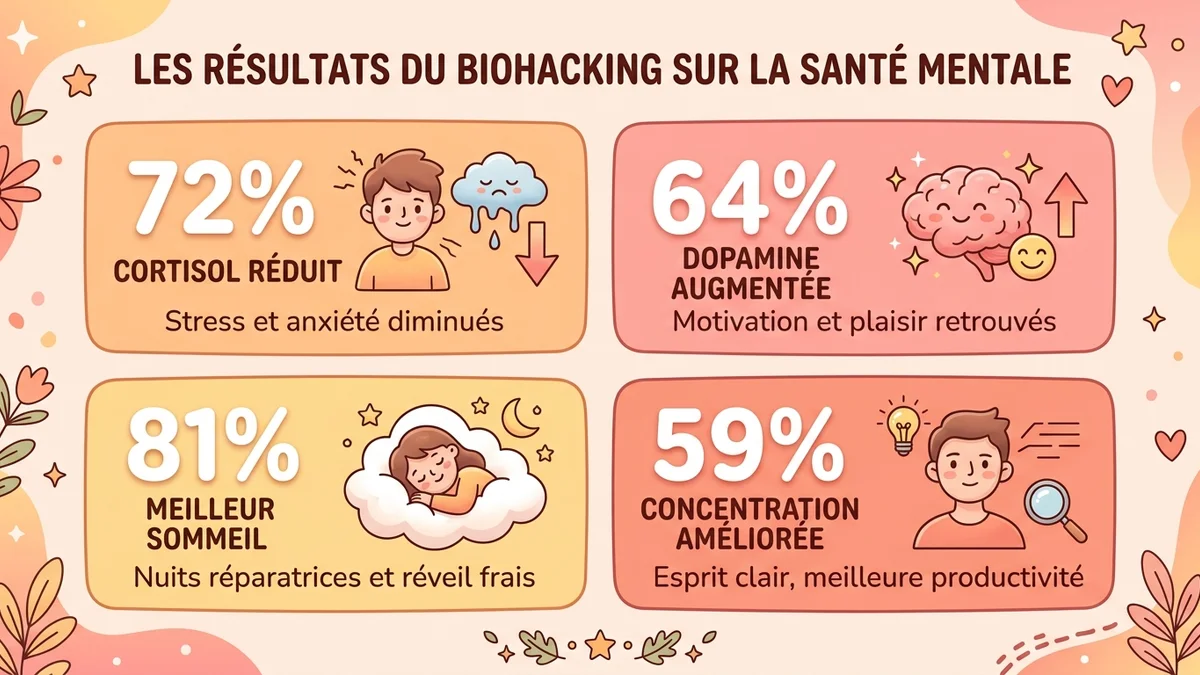 Infographie des 4 leviers neurobiologiques du biohacking : axe HPA, neurotransmetteurs, neuroplasticité et inflammation avec pourcentages d'amélioration