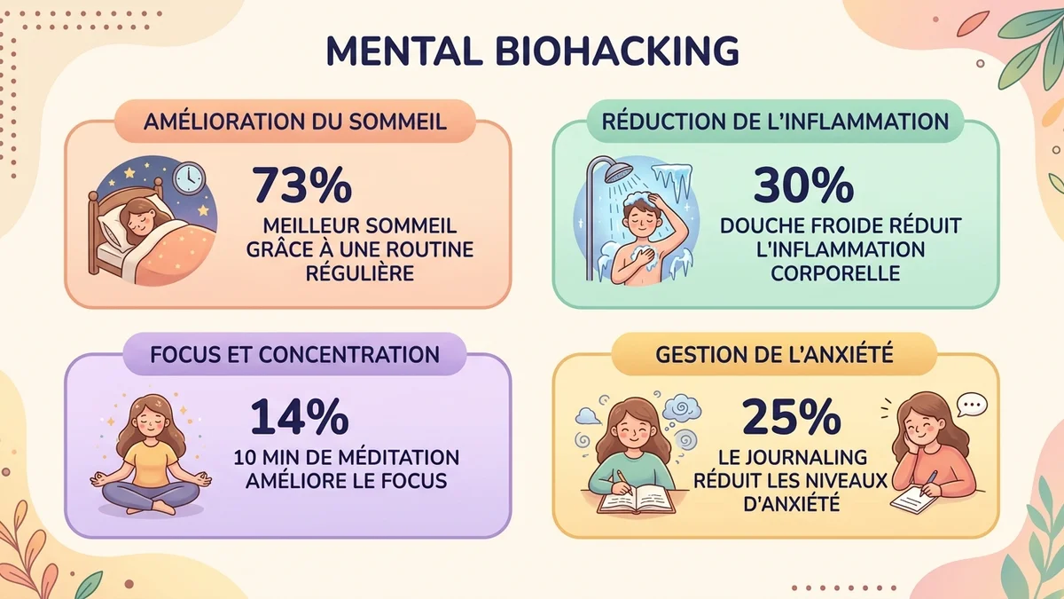Infographie des statistiques clés du biohacking mental : marché mondial, pourcentage d'adoption, améliorations mesurées sur le cortisol et la cognition