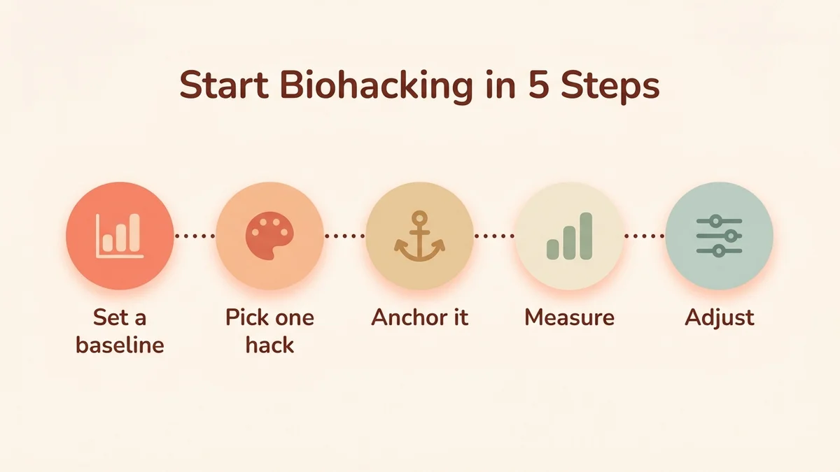 Infographic of the 5-step process to start mental biohacking: baseline, choose a technique, build it into your routine, measure, adjust