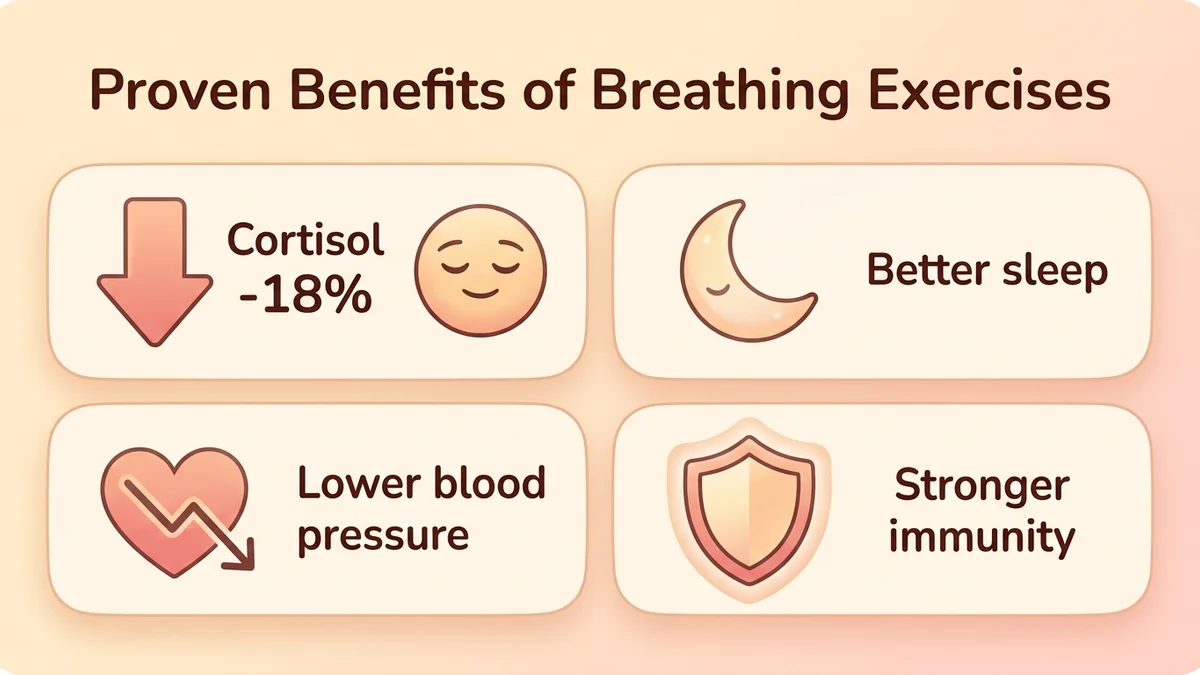 Infographic of the proven benefits of breathing exercises: lower cortisol, better sleep, lower blood pressure and a stronger immune system, with percentages