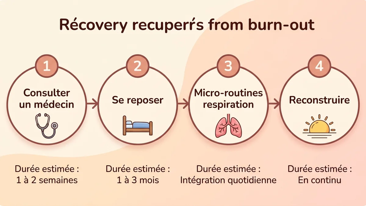 Infographie du processus de récupération du burn-out : 4 étapes clés (consulter, se reposer, micro-routines, reconstruire) avec durées estimées et outils à chaque phase