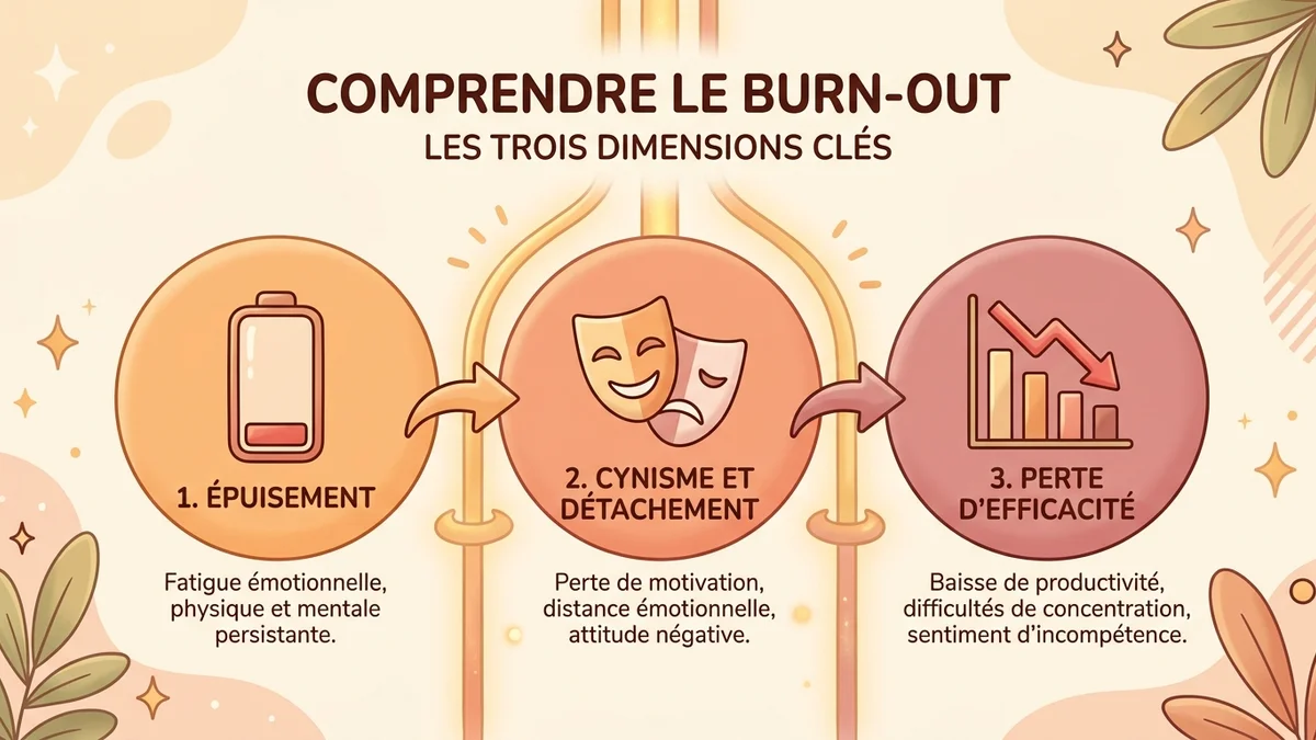 Infographie des trois dimensions du burn-out professionnel selon l'OMS : épuisement énergétique, cynisme et désengagement, perte d'efficacité, avec icônes et flèches de progression