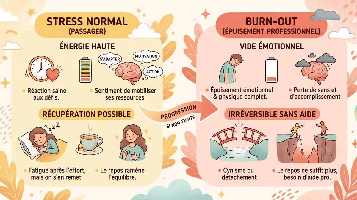 Infographie comparative stress vs burn-out : deux colonnes avec icônes montrant la progression du stress normal vers l'épuisement professionnel, seuils d'alerte et point de non-retour
