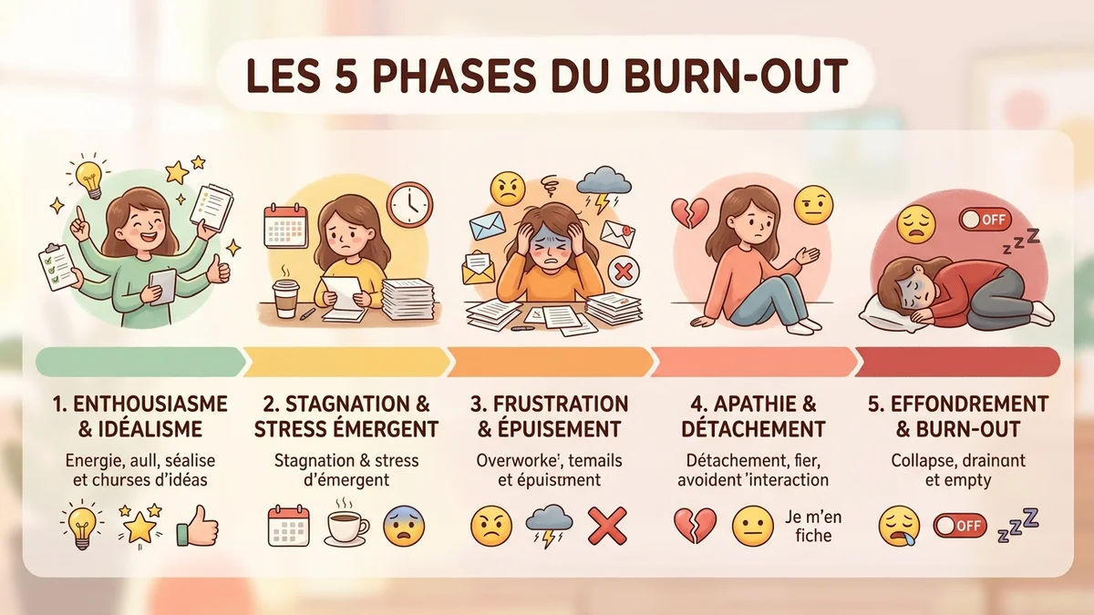 Infographie des 5 phases du burn-out : frise chronologique avec indicateurs de progression, couleurs du vert (phase 1) au rouge (phase 5), pictogrammes d'état émotionnel à chaque étape