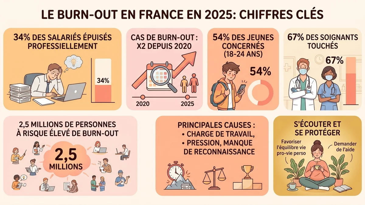 Infographie des statistiques du burn-out en France 2025-2026 : 7 chiffres clés présentés dans des blocs colorés avec pourcentages, icônes professionnelles et code couleur par catégorie