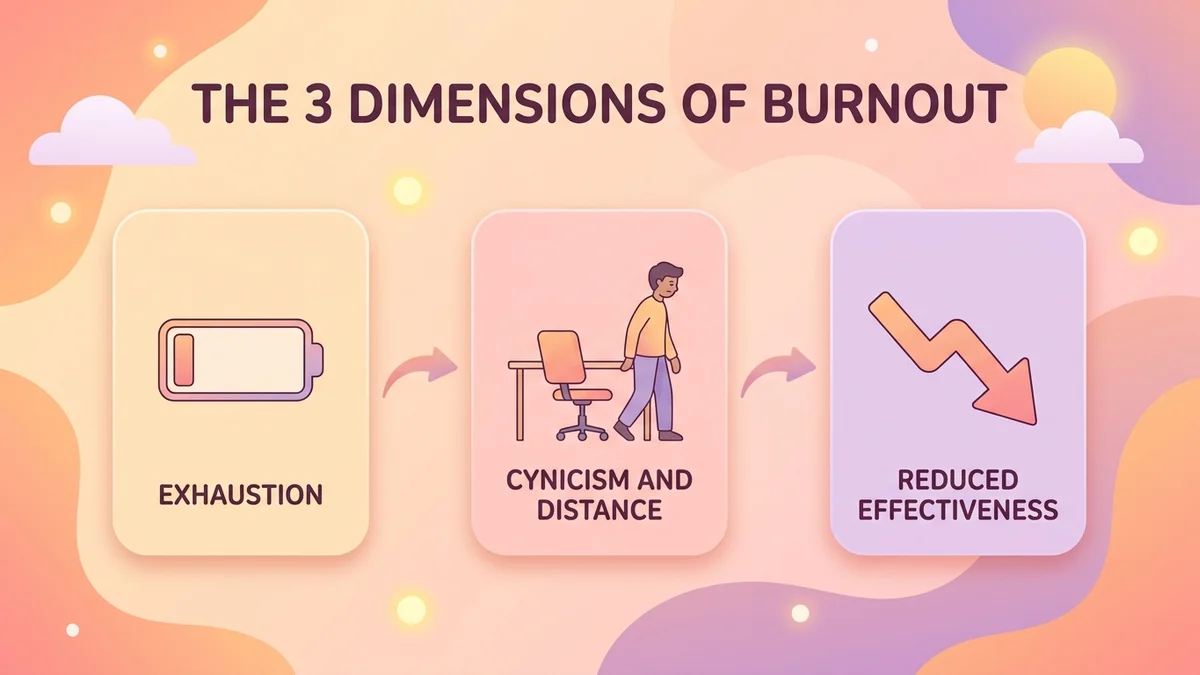 Infographic of the three dimensions of job burnout according to the WHO: energy depletion, cynicism and disengagement, reduced effectiveness, with icons and progression arrows