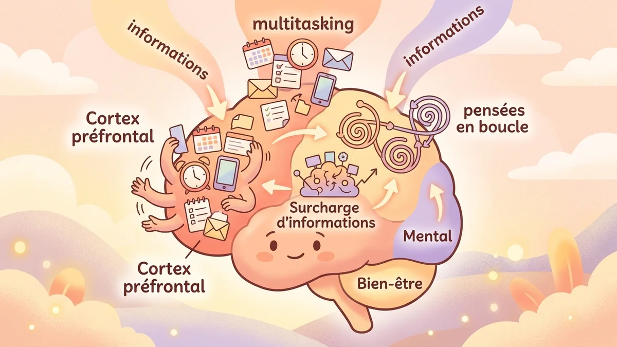 Illustration du cerveau avec zones surchargées d'informations et de tâches multiples
