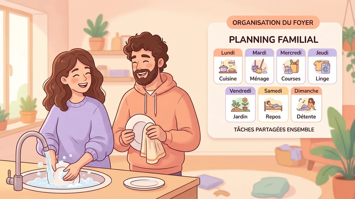 Couple partageant les tâches ménagères ensemble avec un planning familial