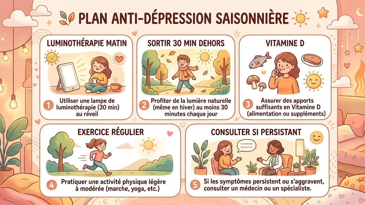 Schéma du processus de prise en charge de la dépression saisonnière étape par étape : dépistage, luminothérapie, routines quotidiennes, suivi et ajustement