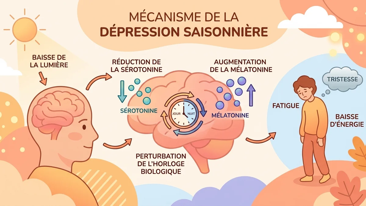 Infographie des symptômes atypiques de la dépression saisonnière : hypersomnie, envies de sucre, prise de poids, fatigue intense, repli social, avec icônes et données chiffrées