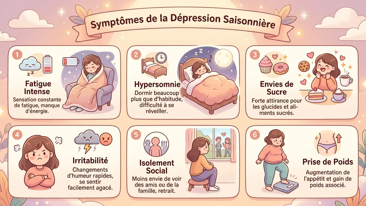 Infographie du mécanisme biologique de la dépression saisonnière : rétine, horloge biologique, sérotonine et mélatonine, avec schéma du cycle lumière-cerveau