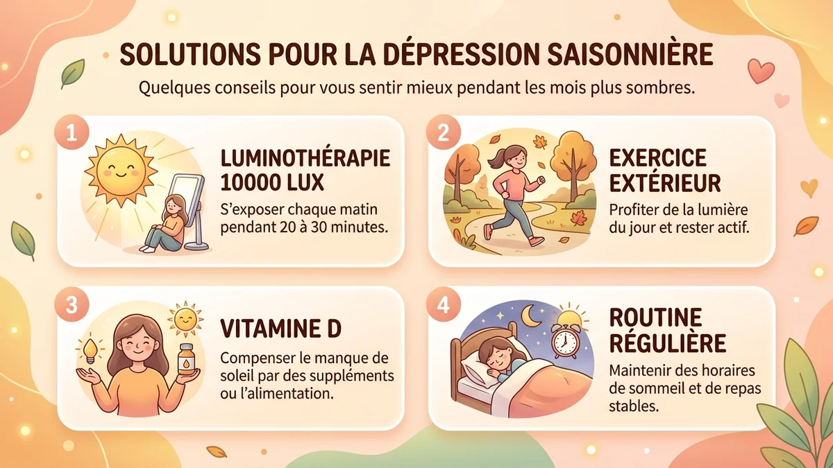 Infographie des 7 solutions contre la dépression saisonnière : luminothérapie, activité physique, vitamine D, TCC, respiration, sommeil, alimentation, avec icônes et pourcentages d'efficacité