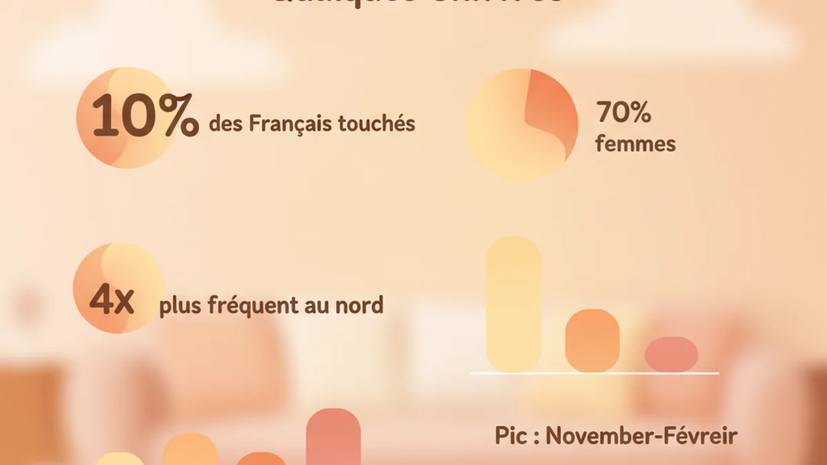 Infographie des statistiques clés de la dépression saisonnière : 3% de la population, 4 à 5 mois de durée, 60-90% d'efficacité luminothérapie, 80% de carencés en vitamine D