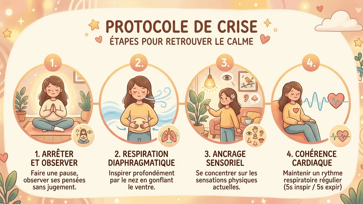 Schéma du protocole de crise en 4 étapes pour soulager la douleur thoracique du stress