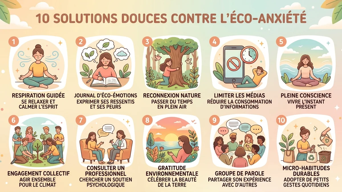 Infographie étape par étape des 10 solutions contre l'éco-anxiété : respiration, journaling, nature, médias, pleine conscience, engagement, consultation, gratitude, groupe de parole, micro-habitudes, avec icônes et numérotation