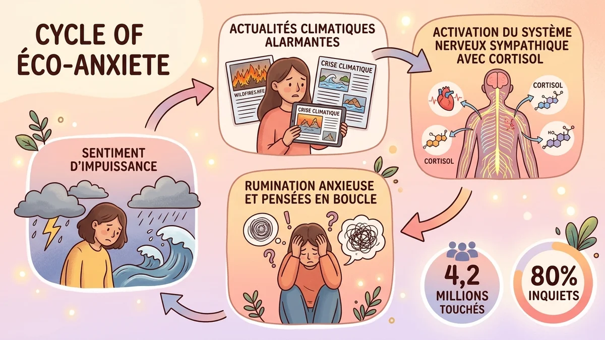 Infographie illustrant le mécanisme de l'éco-anxiété : cercle montrant actualités climatiques, activation du système nerveux sympathique, rumination anxieuse et sentiment d'impuissance, avec chiffres clés