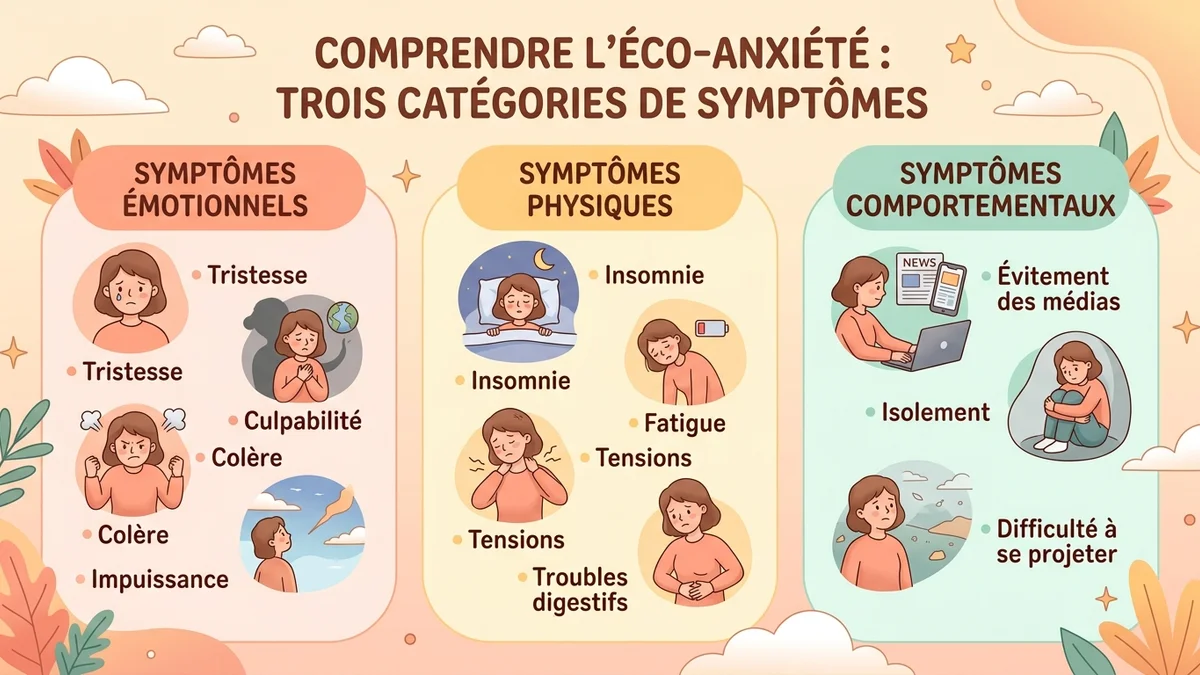 Infographie des trois catégories de symptômes de l'éco-anxiété : émotionnels, physiques et comportementaux, avec icônes et pourcentages clés issus de l'étude ADEME 2025