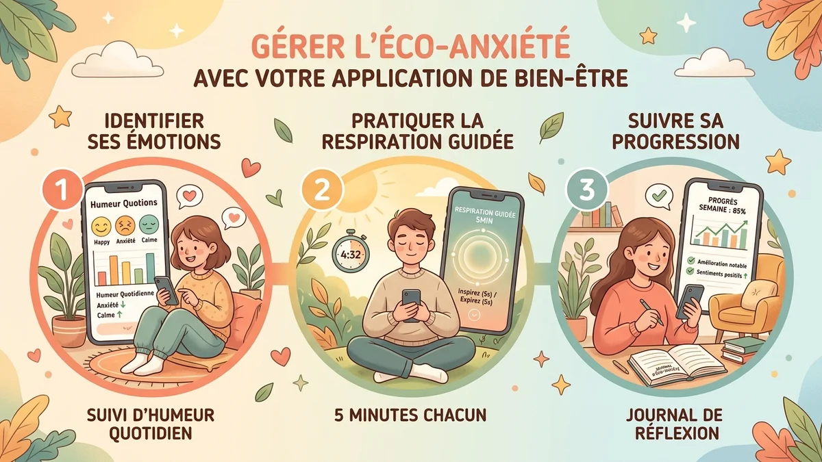 Schéma du processus en trois étapes pour gérer l'éco-anxiété avec Serena : identifier ses émotions, pratiquer la respiration guidée, suivre sa progression avec le journal d'humeur