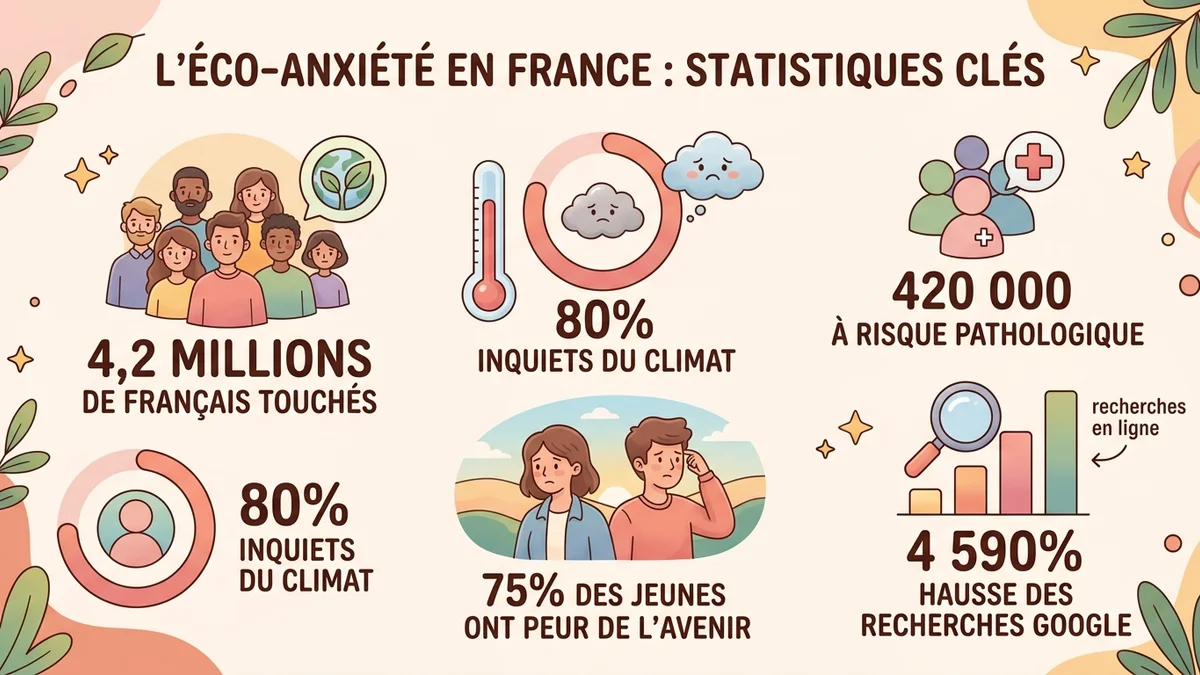 Infographie montrant les statistiques clés de l'éco-anxiété en France : 4,2 millions touchés, 80% inquiets, 420 000 à risque, avec graphiques circulaires et barres en couleurs pastels