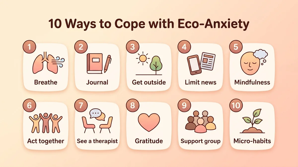 Step-by-step infographic of the 10 ways to cope with eco-anxiety: breathing, journaling, nature, media, mindfulness, engagement, therapy, gratitude, support group, micro-habits, with icons and numbering