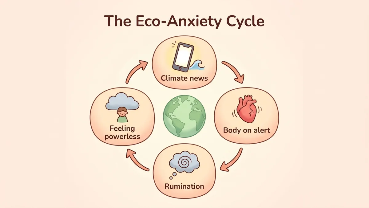Infographic illustrating how eco-anxiety works: a cycle showing climate news, activation of the sympathetic nervous system, anxious rumination and a sense of powerlessness, with key figures