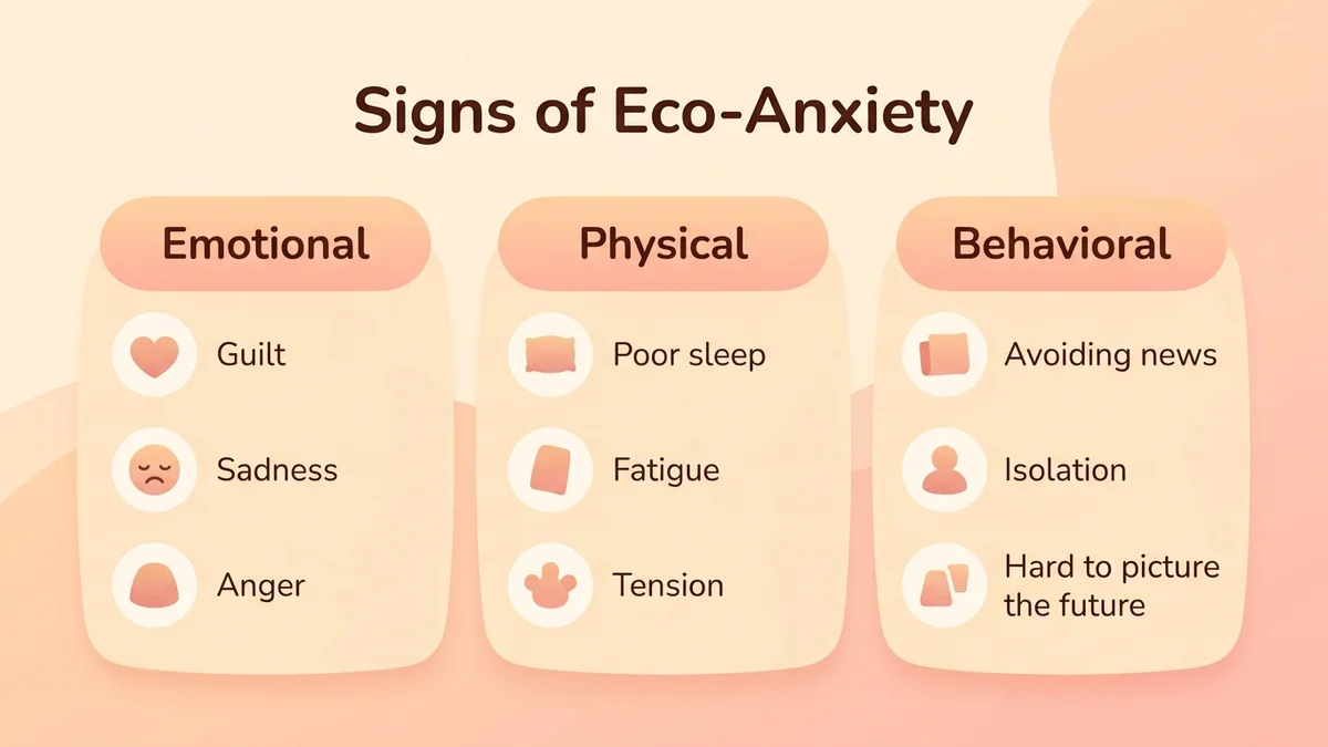 Infographic of the three categories of eco-anxiety symptoms: emotional, physical and behavioral, with icons and key percentages