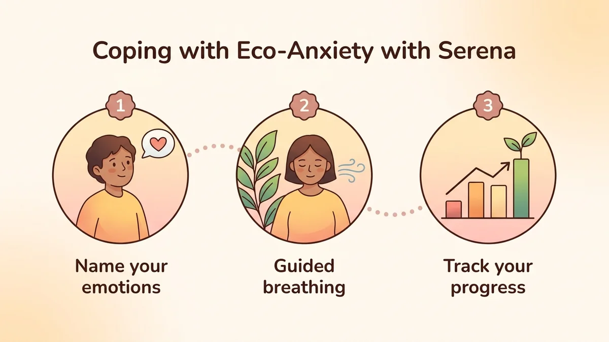 Diagram of the three-step process for managing eco-anxiety with Serena: identify your emotions, practice guided breathing, track your progress with the mood journal