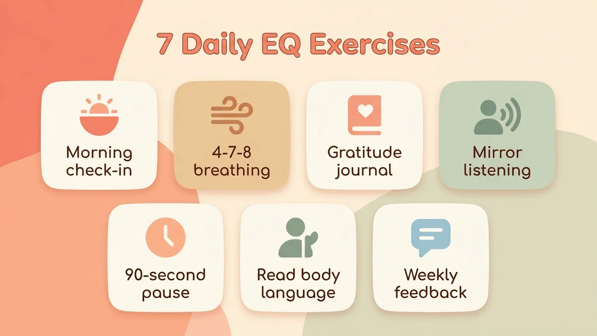 Infographic of the 7 daily exercises to develop emotional intelligence, with duration and target pillar for each