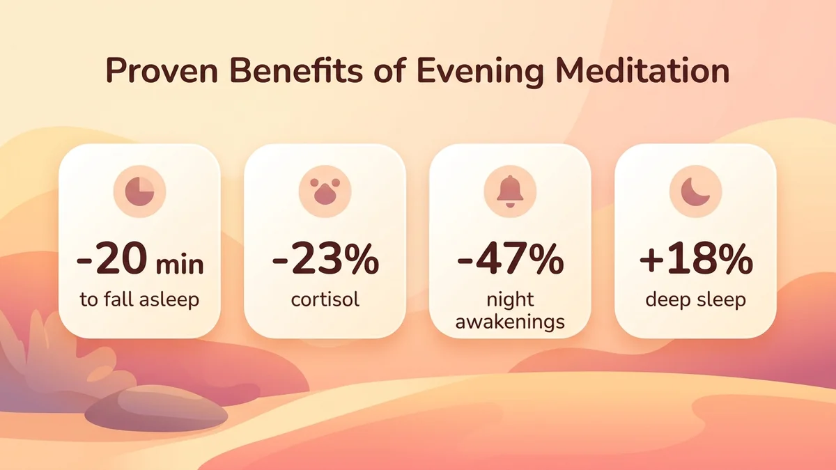 Infographic of the proven benefits of evening meditation with statistics, percentages and icons by category: sleep, stress, anxiety, recovery