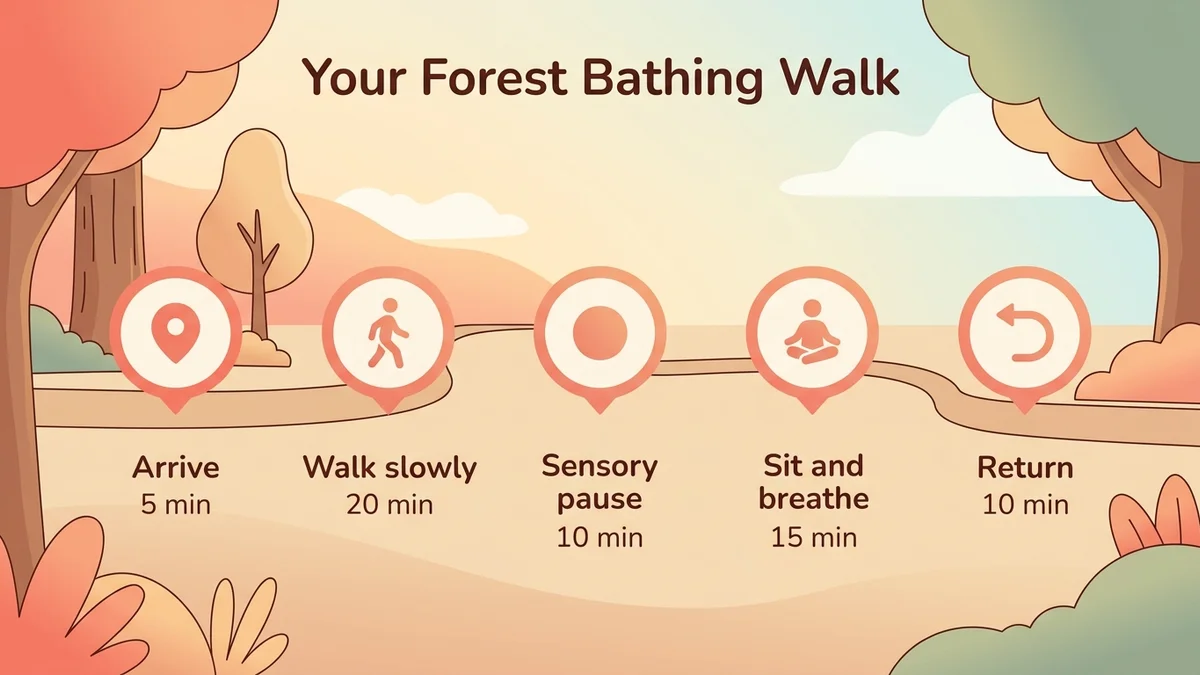 Infographic showing the steps of forest bathing as a visual path: arrival, slow walk, sensory pause, seated meditation and return, with the duration and activity for each step