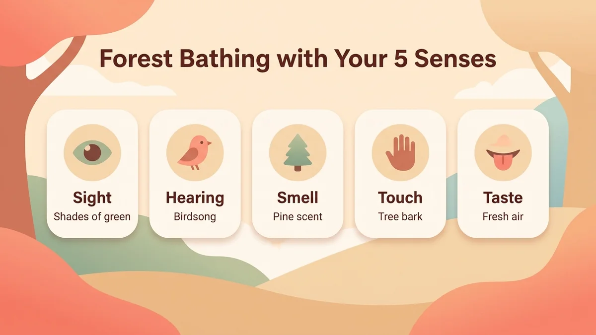 Infographic explaining the five senses engaged during forest bathing: seeing shades of green, hearing birdsong, smelling phytoncides, touching bark and tasting fresh air