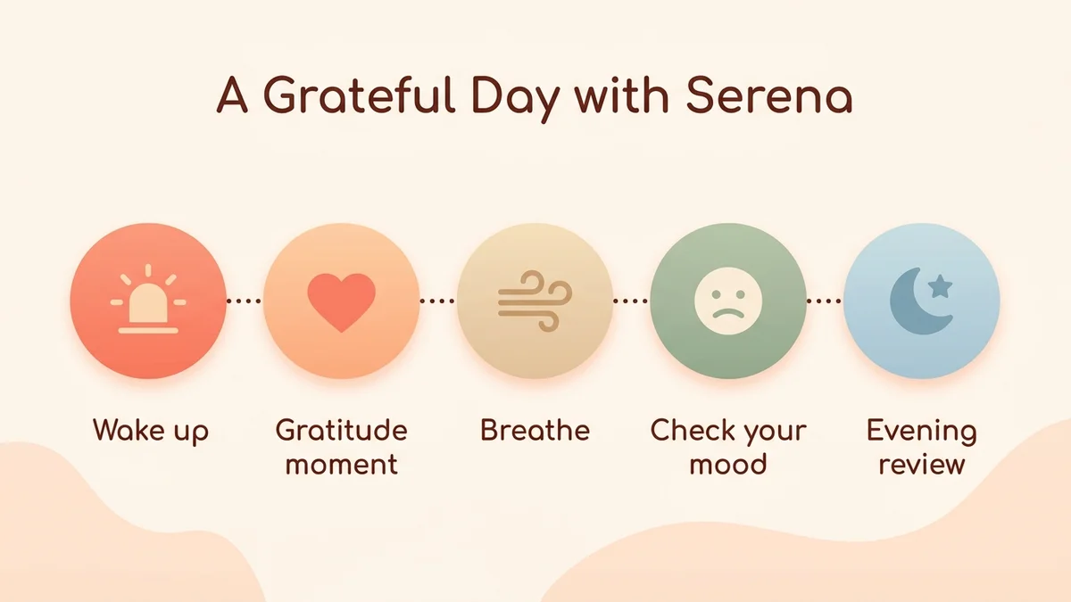 Step-by-step process diagram for building gratitude into your daily routine with Serena: wake up, gratitude moment, breathing, mood tracking, evening review